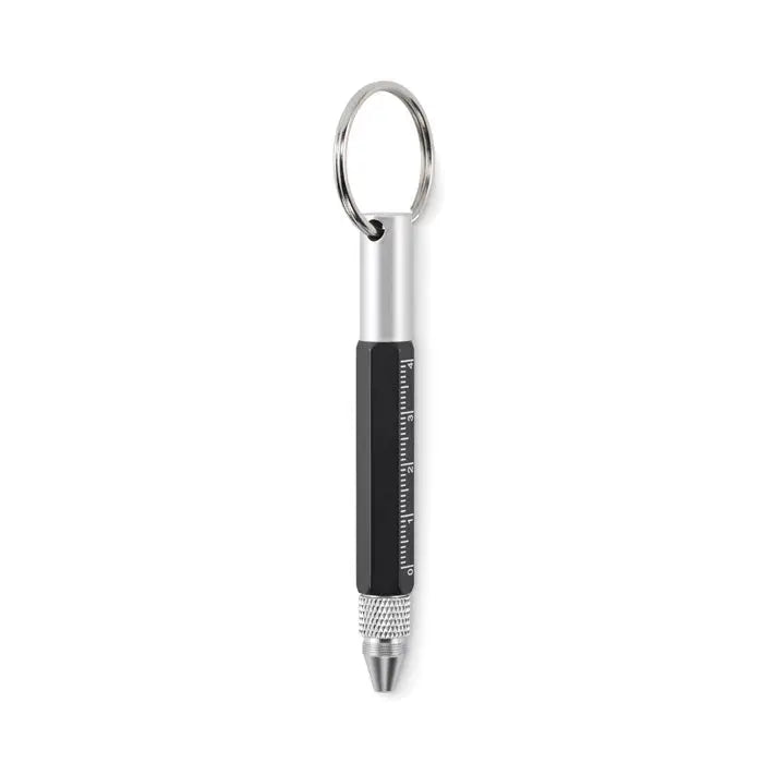 Breloc cu pix cu actiune de rasucire argintiu si negru cu rigla, grip texturat si varf ascutit multifunctional