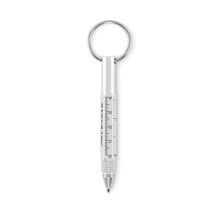 Breloc cu pix cu actiune de rasucire argintiu din metal cu rigla si grip texturat pentru scris si masurat