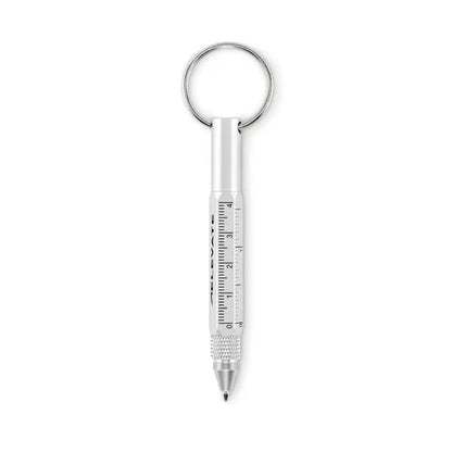 Breloc cu pix cu actiune de rasucire argintiu din metal cu rigla si grip texturat pentru scris si masurat