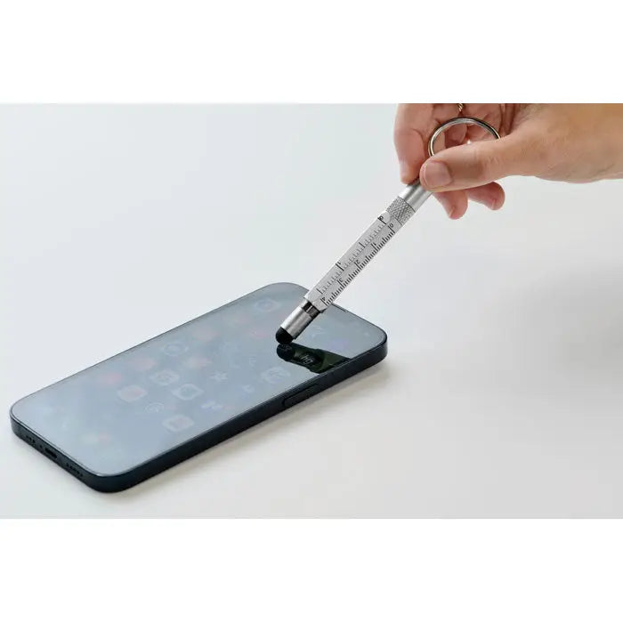 Breloc cu pix cu acțiune de răsucire argintiu cu riglă și inel pentru chei din metal multifunctional