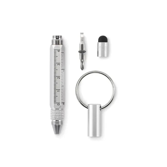 Breloc cu pix cu acțiune de răsucire argintiu metalic cu riglă, șurubelniță și stylus multifunctional