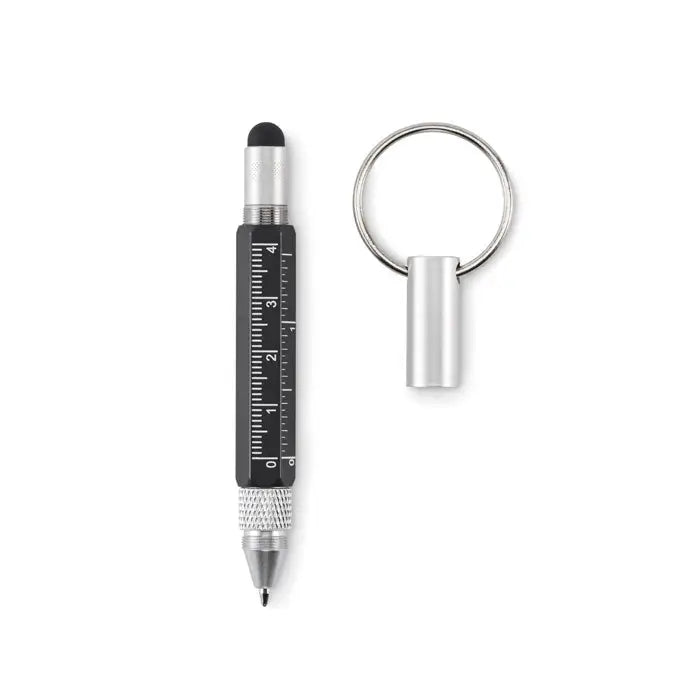 Breloc cu pix cu actiune de rasucire argintiu cu rigla neagra, grip texturat, stylus retractabil si agatatoare pentru chei