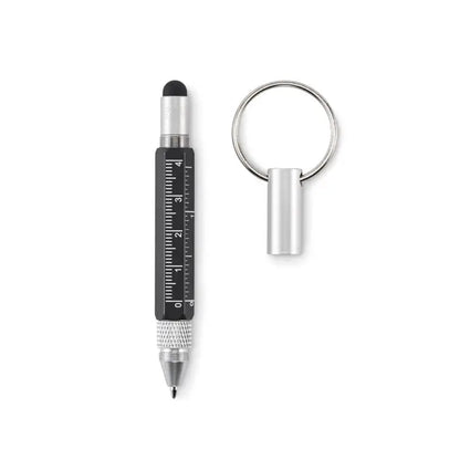 Breloc cu pix cu actiune de rasucire argintiu cu rigla neagra, grip texturat, stylus retractabil si agatatoare pentru chei