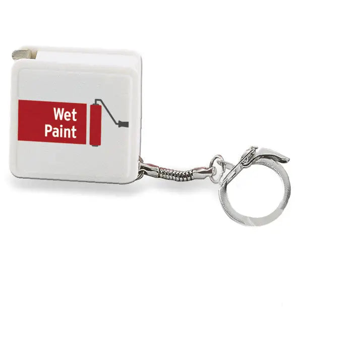 Breloc alb cu rigla flexibila 1m si eticheta rosie wet paint atasat inel metalic argintiu