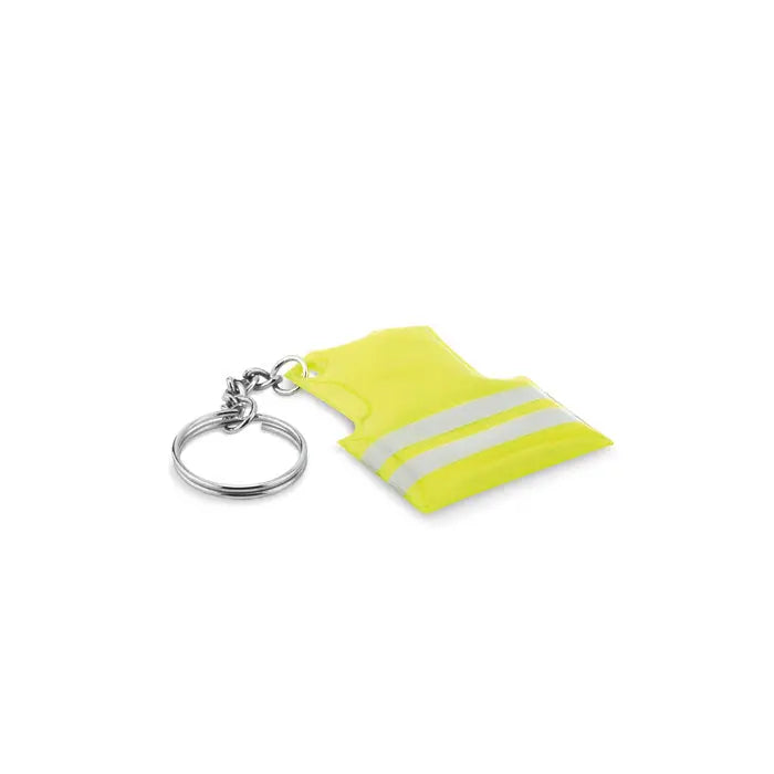 Breloc cu vesta reflectorizanta galben bright cu dungi argintii si inel metalic pentru chei