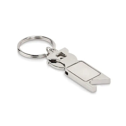 Breloc de chei euro token argintiu metalic in forma de deschizator de sticle cu suprafata rectangulara magnetica