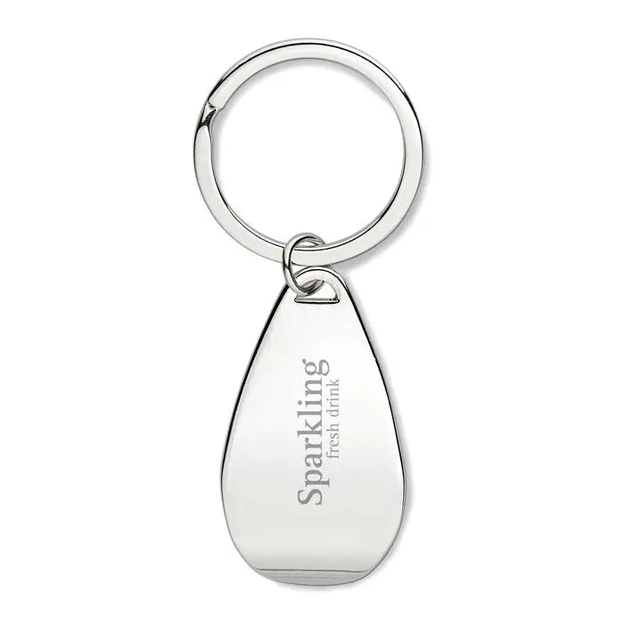 Breloc deschizator de sticle argintiu in forma de lacrima cu finisaj metalic lustruit si text gravat sparkling fresh drink