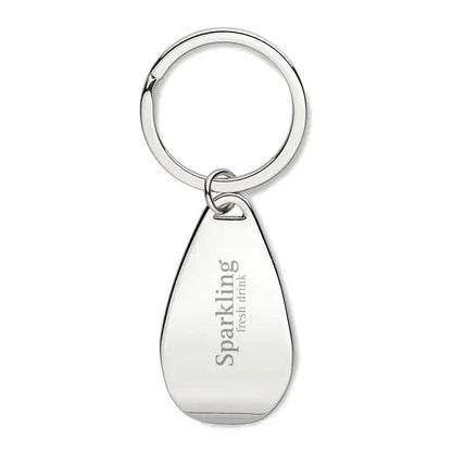 Breloc deschizator de sticle argintiu in forma de lacrima cu finisaj metalic lustruit si text gravat sparkling fresh drink