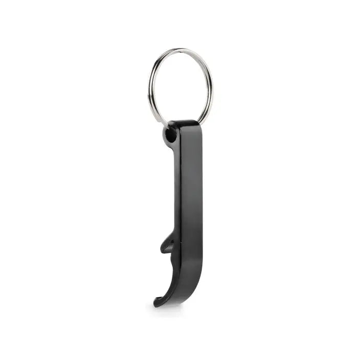 Breloc din aluminiu reciclat negru cu deschizator de sticle metalic si inel argintiu lustruit minimalist
