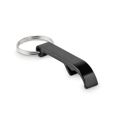 Breloc din aluminiu reciclat negru cu deschizator de sticle metalic si inel argintiu elegant