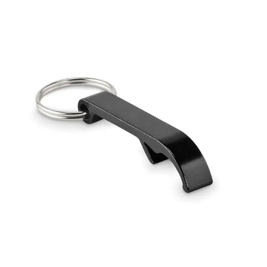 Breloc din aluminiu reciclat negru cu deschizator de sticle metalic si inel argintiu elegant