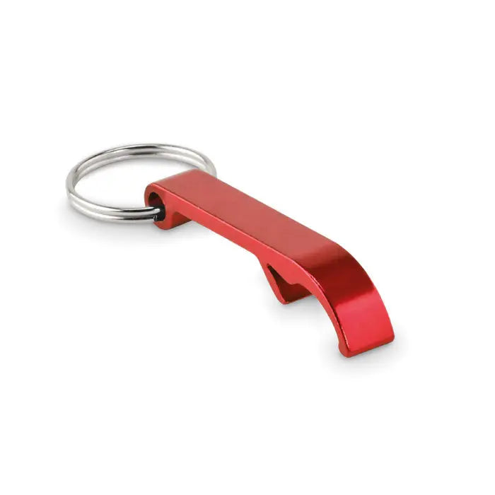 Breloc din aluminiu reciclat rosu cu deschizator de sticle si inel metalic argintiu cu design curbat elegant