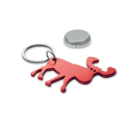Breloc din aluminiu reciclat rosu metalic in forma de caprioara cu deschizator de sticle si inel metalic argintiu
