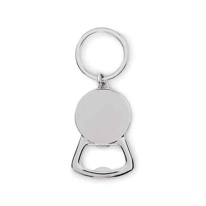 Breloc din aluminiu reciclat argintiu cu deschizator de sticle metalic si design clasic rotund
