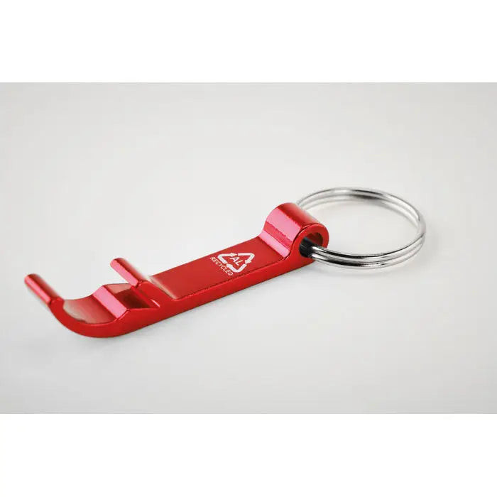 Breloc din aluminiu reciclat roșu cu deschizător de sticle și inel argintiu pentru chei