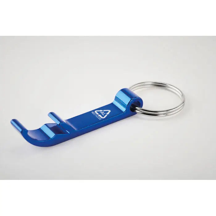 Breloc din aluminiu reciclat albastru metalic cu deschizator de sticle si inel argintiu cu logo reciclat