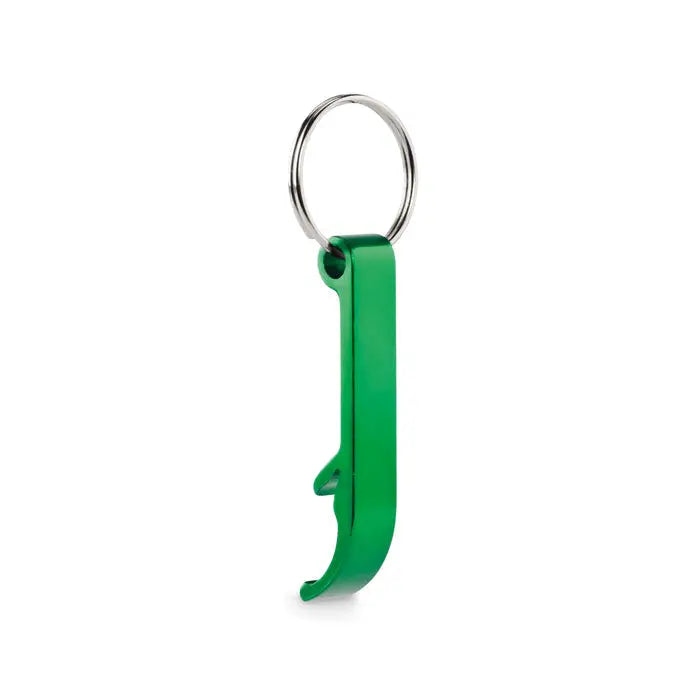 Breloc din aluminiu reciclat verde metalic cu design minimalist si deschizator de sticle integrat