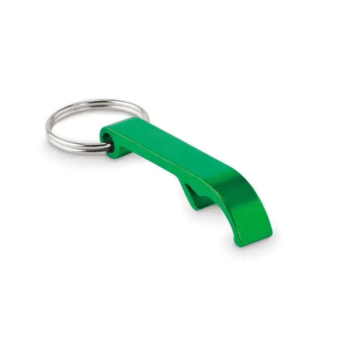 Breloc din aluminiu reciclat verde cu deschizator de sticle metalic si design curbat elegant cu inel argintiu