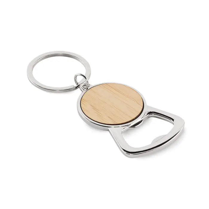 Breloc din aluminiu reciclat argintiu cu disc circular din lemn si desfacator integrat pentru sticle