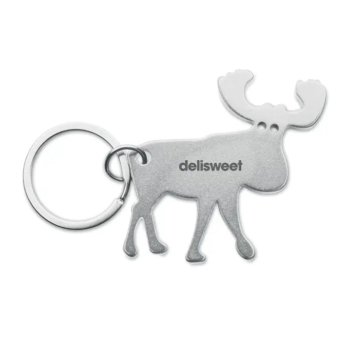 Breloc din aluminiu reciclat model cerb argintiu cu finisaj metalic si logo delisweet gravat pe lateral