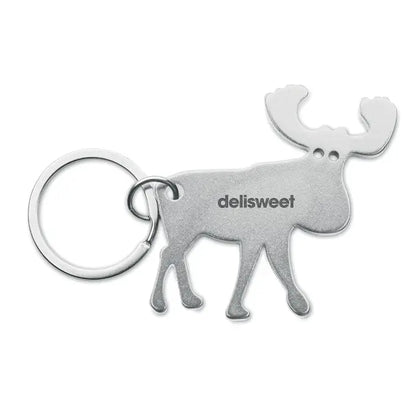 Breloc din aluminiu reciclat model cerb argintiu cu finisaj metalic si logo delisweet gravat pe lateral