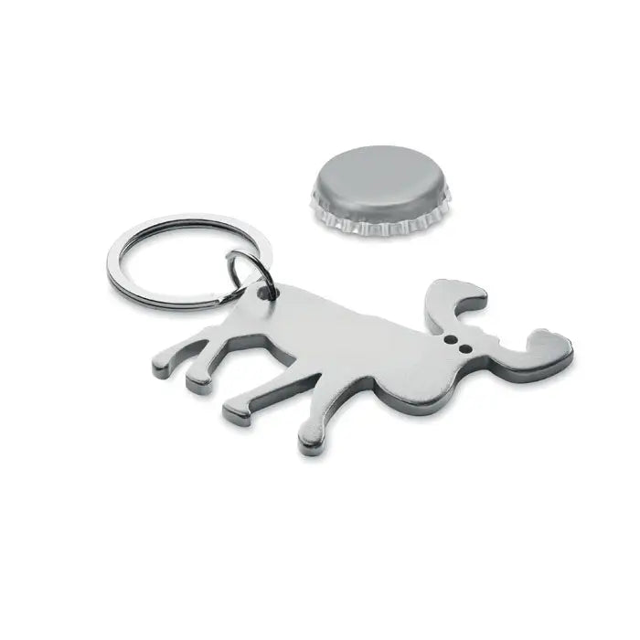 Breloc din aluminiu reciclat argintiu in forma de elan cu deschizator de sticle integrat si capac