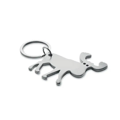 Breloc din aluminiu reciclat argintiu in forma de caine cu desfacator de sticle din otel inoxidabil