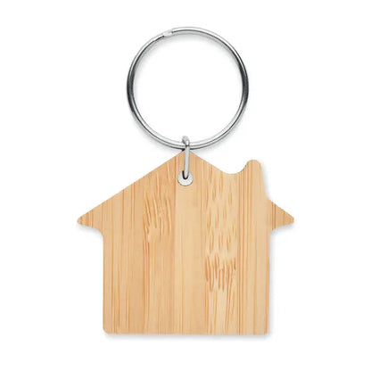 Breloc din bambus deschis la culoare in forma de casa cu inel metalic argintiu pentru chei