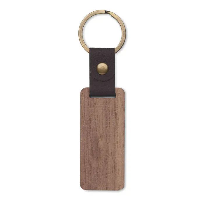 Breloc din nuc cu curea maro inchis din piele si accesorii din alama rectangular