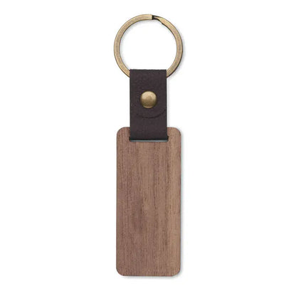 Breloc din nuc cu curea maro inchis din piele si accesorii din alama rectangular