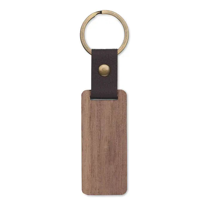 Breloc din nuc si pu dreptunghiular cu curea de piele maro inchis si accesorii din alama