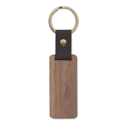 Breloc din nuc si pu dreptunghiular cu curea de piele maro inchis si accesorii din alama