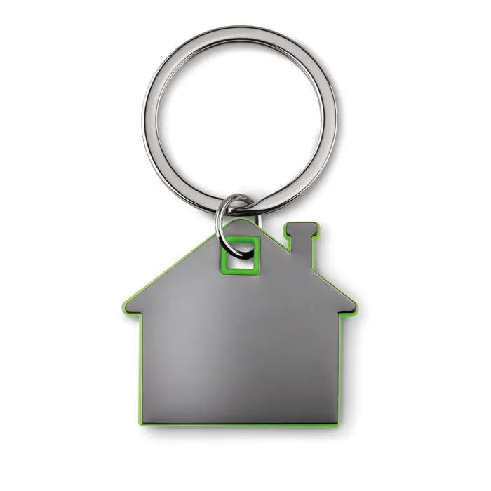 Breloc din plastic in forma de casa argintiu cu contur verde si detaliu de fereastra