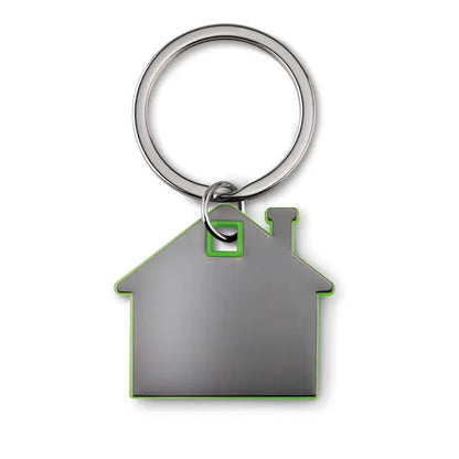 Breloc din plastic in forma de casa argintiu cu contur verde si detaliu de fereastra