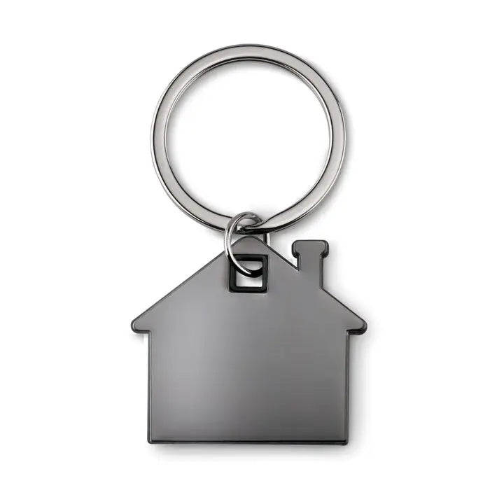 Breloc din plastic in forma de casa negru mat cu inel argintiu lustruit pentru chei