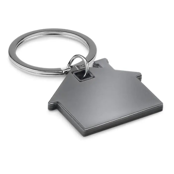 Breloc din plastic in forma de casa negru mat cu inel argintiu lustruit pentru chei
