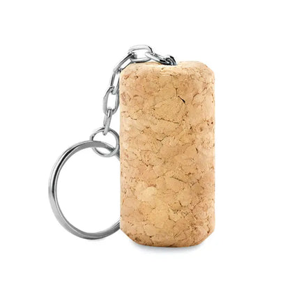 Breloc din pluta de vin natural beige cu lant metalic argintiu si inel pentru chei
