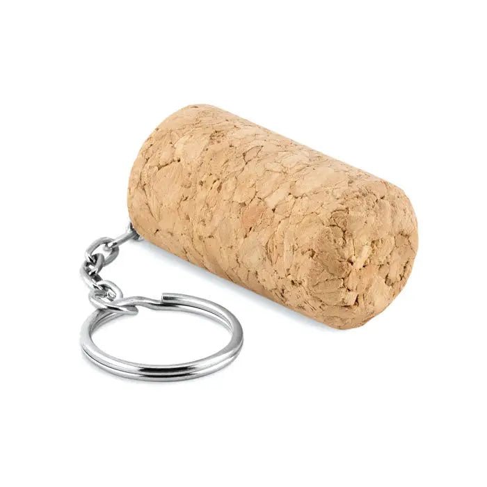 Breloc din pluta de vin culoare bej natural cu inel si lant metalic argintiu pentru chei