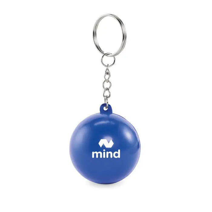 Breloc din pu in forma de minge albastra cu inel si lant metalic argintiu si logo alb mind