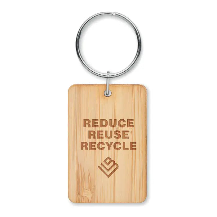 Breloc dreptunghiular din bambus cu inel metalic argintiu si text gravat reduce reuse recycle