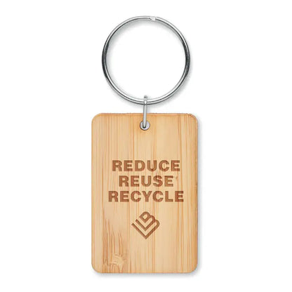 Breloc dreptunghiular din bambus cu inel metalic argintiu si text gravat reduce reuse recycle