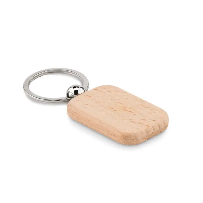 Breloc dreptunghiular din lemn natural cu inel metalic argintiu si conectare tip bila pentru chei