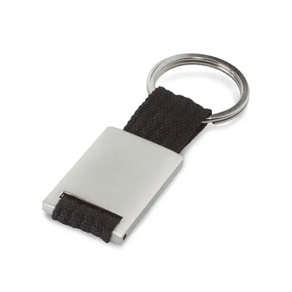 Breloc dreptunghiular metalic argintiu cu curea neagră din material textil și design minimalist elegant