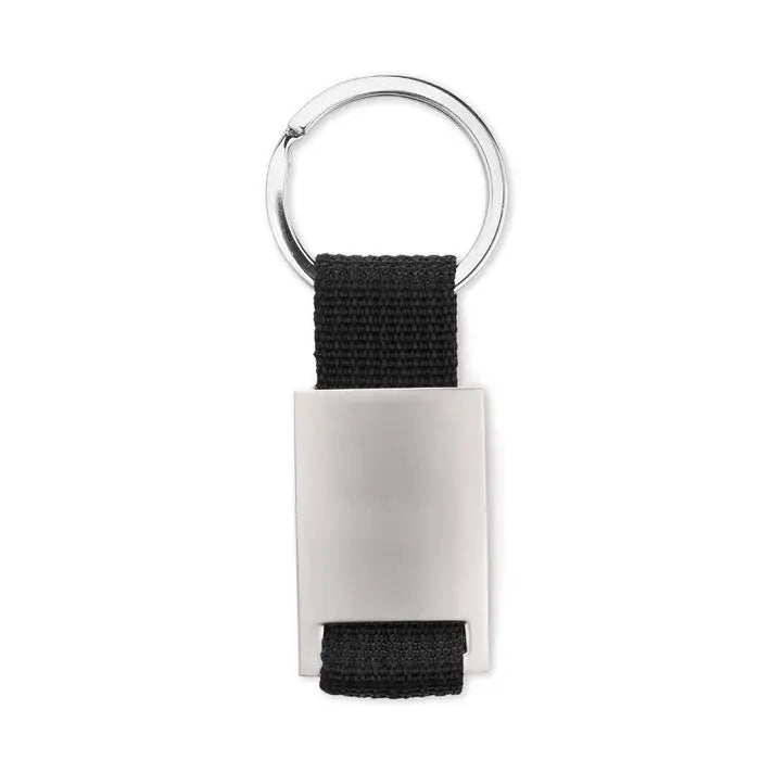 Breloc dreptunghiular metalic cu curea neagra tesuta si elemente metalice argintii elegante pentru chei