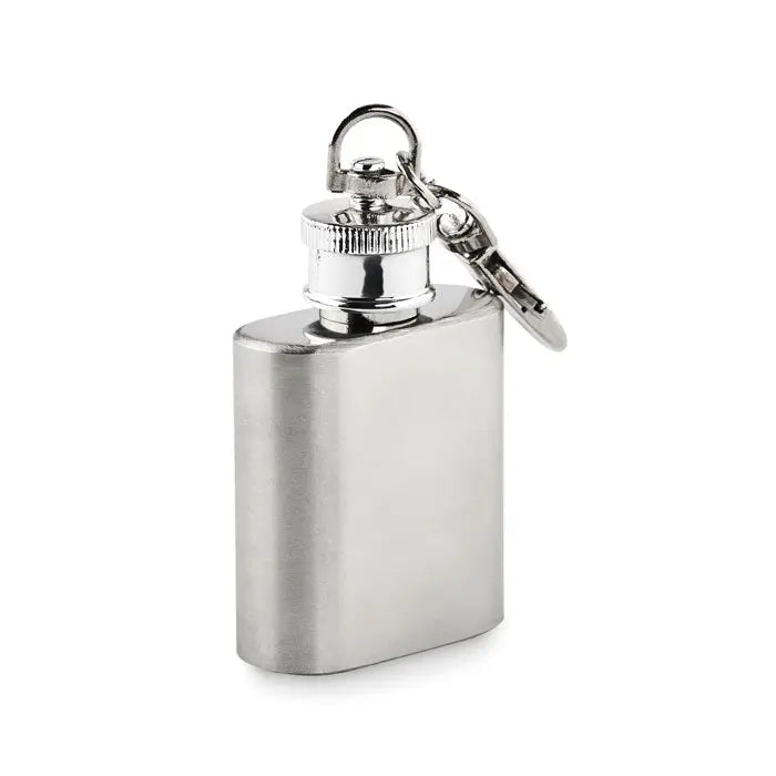Breloc hipflask sticla de buzunar din otel inoxidabil argintiu cu finisaj mat si capac cu filetat