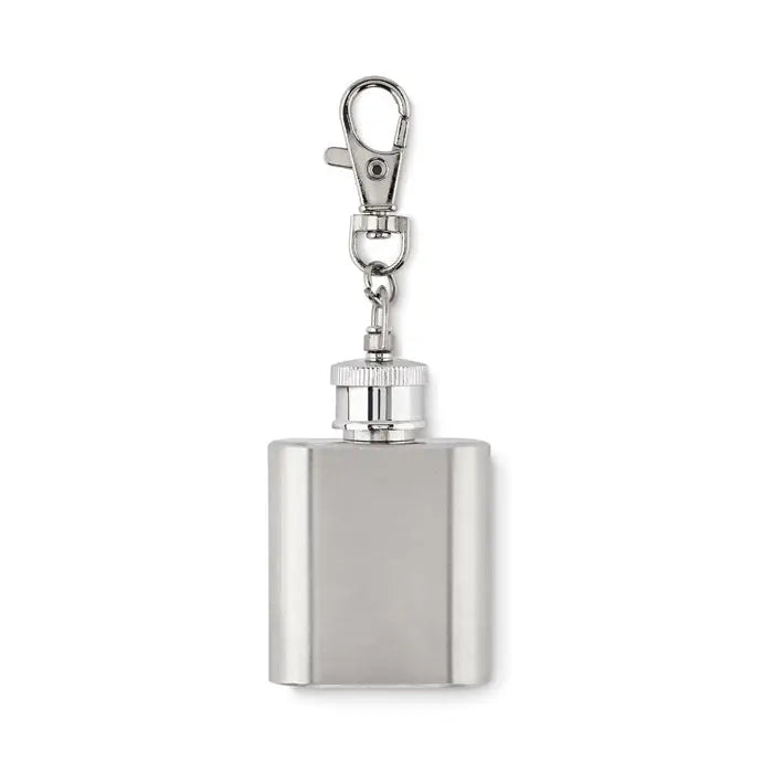 Breloc hipflask sticlă de inox argintie cu corp dreptunghiular elegant și capac texturat