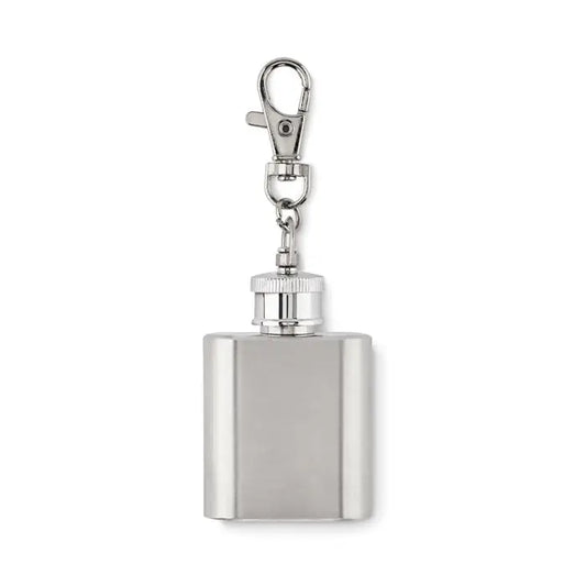 Breloc hipflask sticlă de inox argintie cu corp dreptunghiular elegant și capac texturat