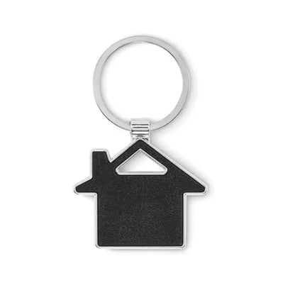 Breloc în forma de casă negru cu inel metalic și margine argintie pentru chei sau accesorii