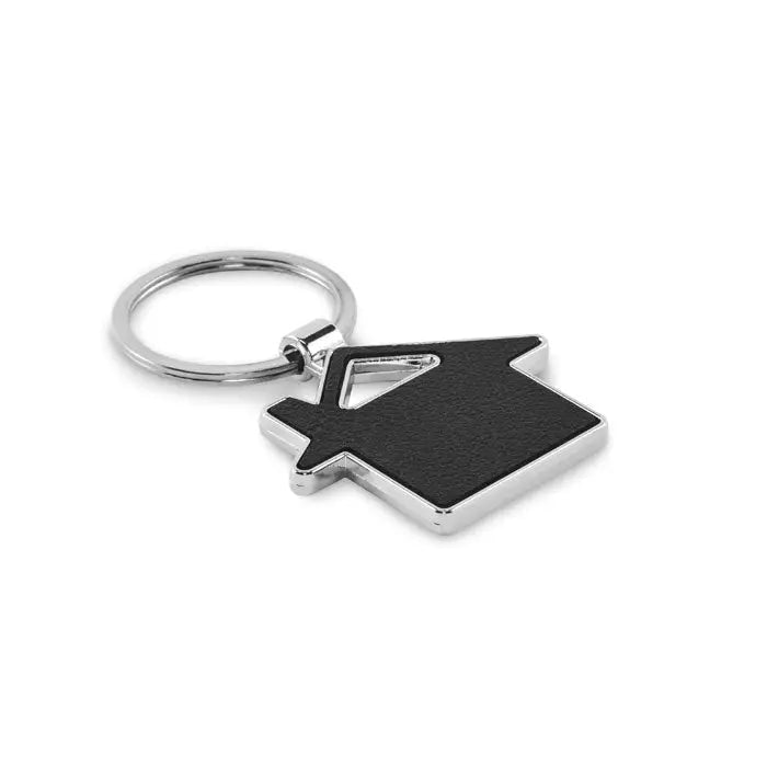 Breloc in forma de casa din piele neagra cu rama metalica argintie si inel pentru chei