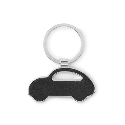 Breloc in forma de masina din piele neagra cu inel si rama metalica argintie pentru chei auto